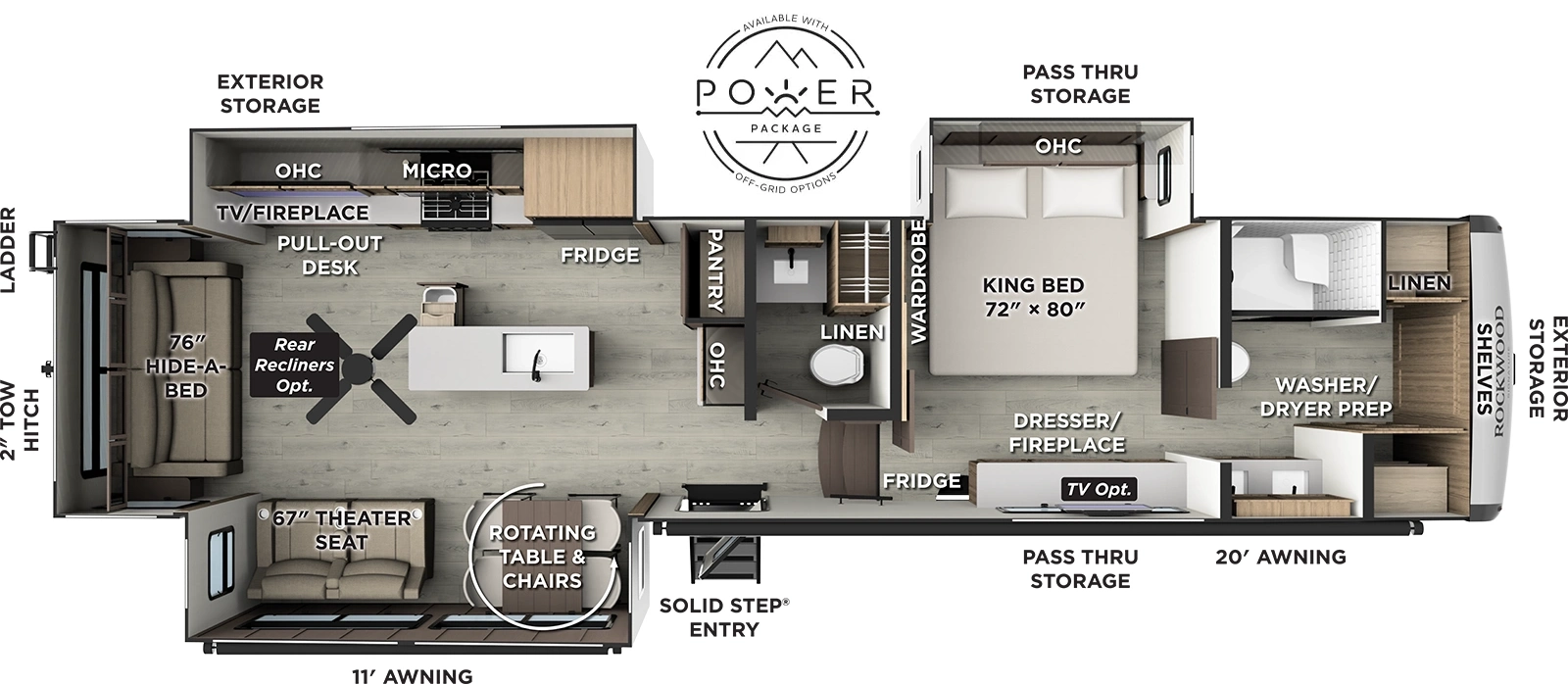The Rockwood Signature Fifth Wheels 401SFB floorplan has one entry and three slide outs. Exterior features include: fiberglass exterior and 11' & 20' awning. Interiors features include: kitchen island and rear living.